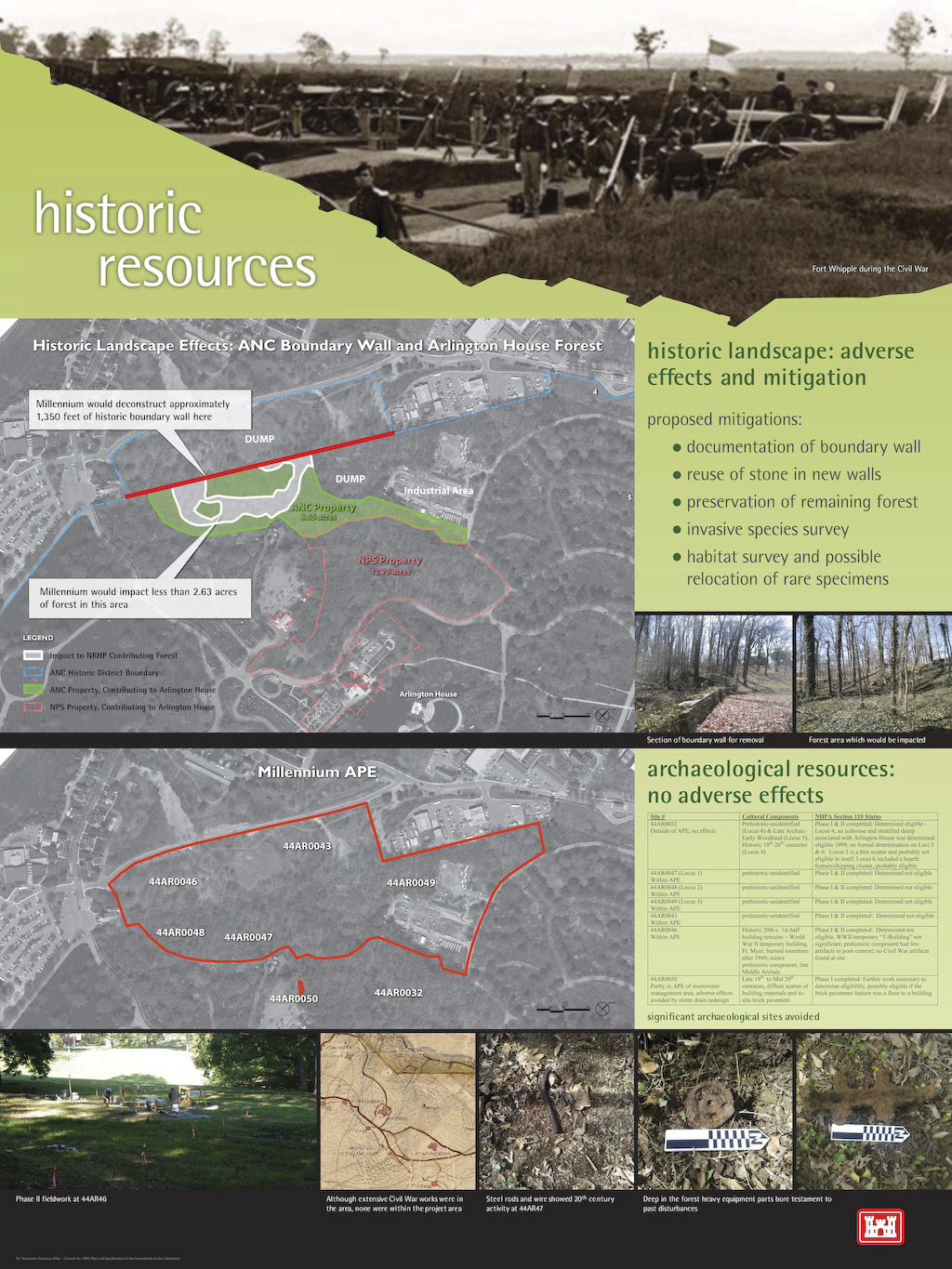 A graphic overview of the historic resources located within the boundaries of Arlington National Cemetery's Millennium Project. The project will add 30,000 burial and niche spaces to the cemetery. 